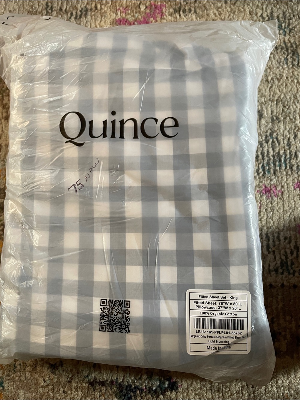 Quince Light Blue & White Gingham Organic Cotton Fitted Sheet Set Kit ng